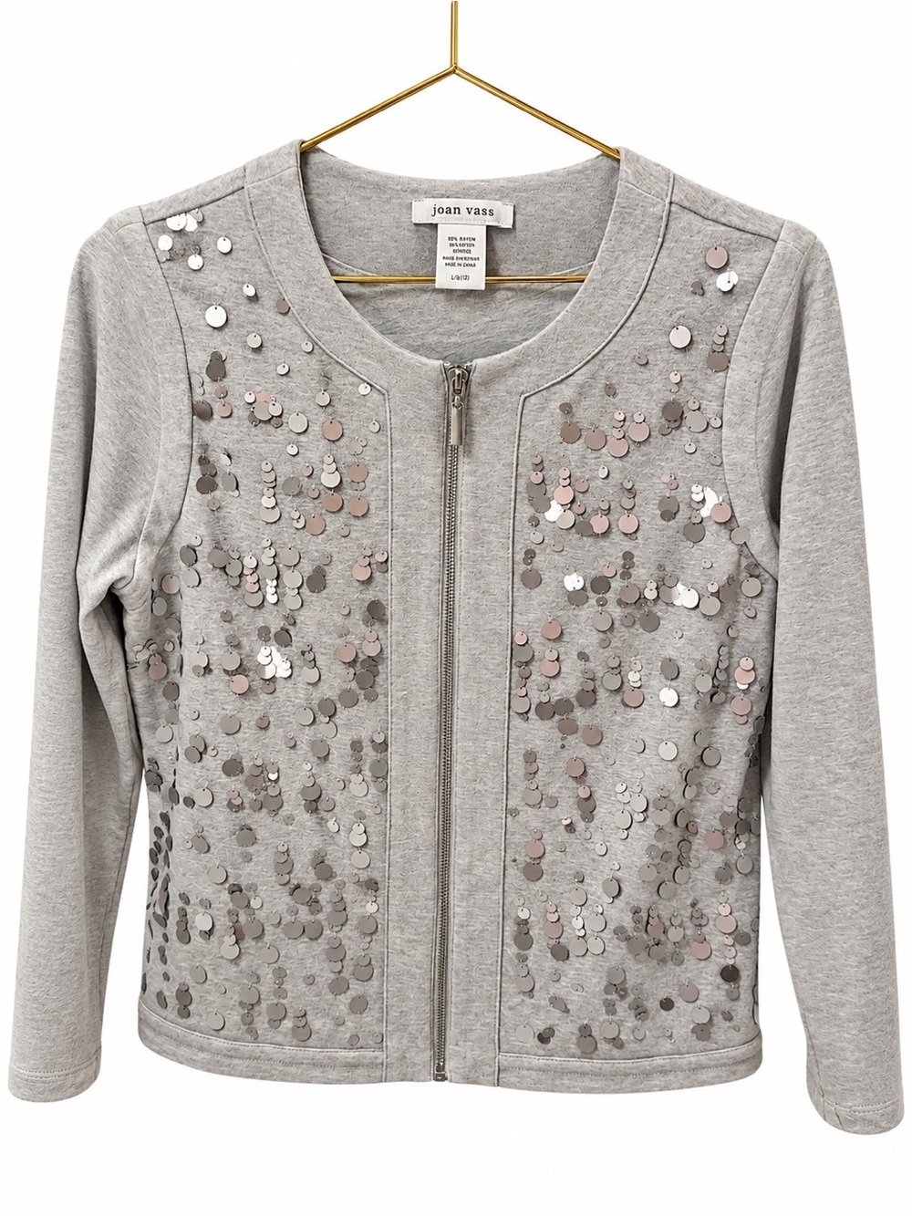 Joan Vass Light Gray Sequin Zip-Front Jacket